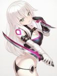1girl ass black_panties breasts fate/apocrypha jack_the_ripper_(fate) long_hair looking_at_viewer medium_breasts panties revealing_clothes sword_art_online tattoo underwear weapon white_hair