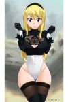  1girl 1girl alternate_costume big_breasts blonde_hair blush breasts cosplay fairy_tail impossible_clothes leotard long_hair looking_at_viewer lucy_heartfilia nier:_automata revealing_clothes yorha_no._2_type_b 