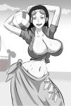  1girl 1girl ball beach big_breasts breasts glasses looking_at_viewer navel nico_robin one_piece smile sweat sweatdrop 
