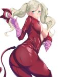  1_girl 1girl ann_takamaki ass big_ass blonde_hair blush bodysuit breast_grab catsuit embarrassed long_hair looking_at_viewer looking_back mask medium_breasts persona persona_5 tail zipper 