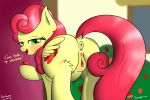  1girl 2018 anus ass blush cutie_mark english_text female female_only female_pegasus friendship_is_magic green_eyes looking_at_viewer my_little_pony nude open_mouth outdoor outside pegasus pony presenting_hindquarters pussy solo strawberry_sunrise_(mlp) tail wings 