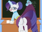  1girl anus appelknekten ass bespectacled blue_eyes chalkboard classroom clothed cutie_mark female female_only female_teacher female_unicorn friendship_is_magic glasses horn indoors looking_at_viewer my_little_pony no_panties pony presenting_hindquarters pussy rarity rarity_(mlp) skirt skirt_lift skirt_lifted_by_self solo standing tail teacher telekinesis unicorn 