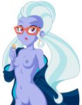  1girl bespectacled breasts earrings equestria_girls female female_only friendship_is_magic glasses long_hair looking_at_viewer mostly_nude my_little_pony no_bra no_panties no_underwear open_clothes open_robe robe solo standing sugarcoat white_background 