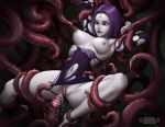  1girl armpit breasts dc dc_comics female female_only forehead_jewel imminent_sex mostly_nude nipple_pull no_bra no_panties pulling_nipple pussy raven_(dc) restrained short_hair teen_titans tentacles torn_clothes 