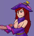  1boy 1girl breasts clothed dress erection exposed_breasts female gloves handjob hat human human/human humanized long_hair male male/female mismagius mostly_clothed penis pokemon red_eyes relatedguy 