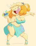  1girl animal_crossing bikini breasts chubby dancing drink furry happy isabelle_(animal_crossing) medium_breasts purple_yoshi_draws revealing_clothes smile swimsuit 