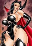  1girl artist_name battletoads big_breasts black_hair black_outfit breasts cape caucasian dark_queen elbow_gloves hands_on_hips hips latex leotard looking_at_viewer lou_bot sexy slut standing thighs thong_leotard 