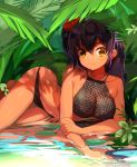  1girl arm_support bare_legs bare_shoulders barefoot big_breasts bikini black_bikini black_swimsuit blush breasts clavicle cleavage clothing dark-skinned_female dark_skin feet fishnets flower hair_flower hair_ornament hibiscus high_resolution konbu_wakame legs long_hair looking_at_viewer lying on_side original outside reflection shadow skin_tight swimsuit tied_hair twin_tails water water_drop wet yellow_eyes 