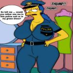  brompolos cropped_image edit green_dress huge_breasts marge_simpson milf police police_uniform text the_simpsons yellow_skin 