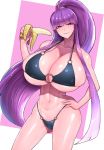  1girl 1girl banana big_breasts bikini blush breasts food huge_breasts lingerie long_hair looking_at_viewer panties purple_hair smile swimsuit underwear 
