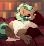  1girl aer0_zer0 anus ass earth_pony female friendship_is_magic indoors library looking_at_viewer lying minty_mocha_(mlp) my_little_pony partially_clothed pony pussy solo tail 