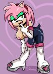 amy_rose cosplay erinaceinae_humanoid exposed_breasts furry green_eyes hedgehog medium_breasts mobian_(species) pink_fur red_dress rouge_the_bat_(cosplay) seductive_smile sega short_hair sonic_the_hedgehog_(series) white_background white_gloves