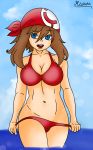 1girl abs alluring bikini female female_abs female_human female_only may_(pokemon) mostly_nude mssketch panties_pull pokemon pokemon_rse pulling_panties_down solo undressing water