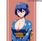  1girl alternate_hairstyle blue_eyes blue_hair breasts cleavage fire_emblem fire_emblem:_awakening flower huge_breasts japanese_clothes kimono looking_at_viewer lucina_(fire_emblem) nintendo no_bra short_hair smile ydbunny 