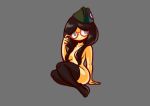  1girl black_hair breasts female_only glasses hair_over_breasts hat nude plain_background stockings yvngbird 