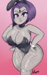  1girl artist_name big_breasts bmayyneart bob_cut breasts bunny_costume bunny_ears bunny_girl bunnysuit choker cleavage clothing curvy dc_comics eyeshadow female_only fishnet_pantyhose goth pale-skinned_female pale_skin purple_eyes purple_hair raven_(dc) teen_titans thick_thighs thighs voluptuous wrist_cuffs 