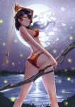  1girl adsouto ass bow_(weapon) bra cinder_fall female female_only glowing_eyes holding_weapon kneepits long_hair looking_at_viewer mostly_nude night_sky outdoor outside panties rwby solo standing weapon 