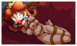  1girl ball_gag blue_eyes bondage breasts crown earrings female female_human female_only flower_earrings freckles human indoors long_hair looking_at_viewer lying nude princess_daisy shax shibari solo solo_female super_mario_bros. sweat tied wide-eyed wide_eyed 