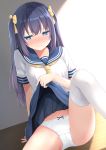  1girl blue_eyes blush cameltoe closed_mouth clothed embarrassed female female_only karutamo long_hair original presenting_panties purple_hair school_uniform sitting skirt skirt_lift skirt_lifted_by_self solo white_legwear white_underwear 
