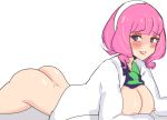  1girl ass blush breasts female female_human female_only human klara_(pokemon) looking_at_viewer lying lying_on_stomach mostly_nude no_bra no_panties pokemon pokemon_sword_&amp;_shield solo white_background 