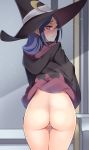  1girl 1girl 1girl ass blue_hair blush bottomless dress dress_lift embarrassed female_only from_behind half-closed_eyes hat kipples lips little_witch_academia long_hair looking_at_viewer looking_back megane nekomate14 nopan nopan_filter pink_lips pussy red_eyes sweat sweatdrop thigh_gap thighs third-party_edit uncensored ursula_callistis witch witch_hat 