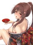  1girl 1girl 1girl amato_jp big_breasts breasts brown_hair clavicle cleavage cup dated drunk flower hair_flower hair_ornament high_resolution holding holding_cup kantai_collection kimono lips long_hair looking_at_viewer nipple_slip nipples off_shoulder open_clothes open_mouth ponytail red_eyes sakazuki sidelocks simple_background tied_hair very_long_hair viewed_from_above wafuku wardrobe_malfunction white_background yamato_(kantai_collection) 