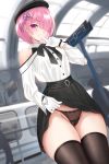  bare_shoulders black_underwear cameltoe damao_yu finger_to_mouth hair_over_one_eye high_res looking_at_viewer non-nude pink_hair pleated_skirt purple_eyes ram_(re:zero) short_hair skirt_lift smile standing thick_thighs 