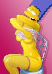  blue_hair chair evilweazel_(artist) fishnets marge_simpson simple_background sitting stockings tease the_simpsons tights undressing yellow_skin 