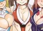 3_girls 3girls blonde_hair blush bowsey breasts brown_eyes capcom cleavage close-up clothed crossover dead_or_alive dead_or_alive_5 dead_or_alive_5_last_round female_only honoka honoka_(doa) king_of_fighters mai_shiranui mashima_hiro out_of_frame rainbow_mika smile street_fighter street_fighter_v tecmo third-party_edit trio white_background
