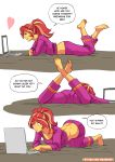  1girl ass clothed comic equestria_girls feet_up female friendship_is_magic laptop long_hair lying my_little_pony pajamas solo sunset_shimmer sunset_shimmer_(eg) 