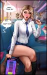 aroma_sensei blonde blonde_hair blush clothed clothed_female crossed_legs_(sitting) english_text eyebrow_piercing female female_human gwen_stacy ice_cream indoors legs male male/female male_human marvel miles_morales piercing pov public shirt short_blonde_hair short_hair sitting skirt socks solo_focus speech_bubble spider-gwen spider-man_(series) superheroine