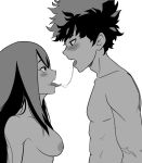  1boy 1girl abs after_kiss areola asui_tsuyu bangs bare_shoulders bedroom_eyes big_breasts blush boku_no_hero_academia breasts duo eye_contact eyelashes freckles greyscale hair_between_eyes half-closed_eyes height_difference hetero long_hair looking_at_another looking_pleasured male medium_breasts midoriya_izuku monochrome my_hero_academia nipples no_bra open_mouth open_smile saliva saliva_trail scar side_view sideboob simple_background smile tongue tongue_out topless very_long_hair white_background zanzagen 