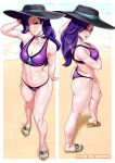  1girl ass blue_eyes breasts female female_only friendship_is_magic hat humanized long_hair looking_at_viewer mostly_nude my_little_pony purple_hair rarity rarity_(mlp) sandals solo standing sun_hat swimsuit 