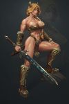  1girl armor bikini_armor blonde_hair boots breasts long_hair no_panties ponytail solo sword warrior weapon wrist_guards 