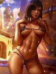  1girl abs braids breasts dark_hair dark_skin egyptian front_view hips looking_at_viewer medium_breasts micro_bikini milf muscle open_mouth overwatch pharah_(overwatch) sexy slut standing thighs 