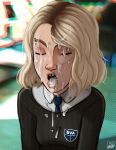  1girl blonde blonde_hair clothed clothed_female cum cum_on_clothes cum_on_face cum_on_hair cum_on_tongue eyebrow_piercing female female_human female_only gwen_stacy human marvel open_mouth piercing pumpkinsinclair solo spider-man:_into_the_spider-verse spider-man_(series) tongue_out 