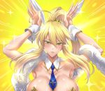  1girl ahoge animal_ears armpits artoria_pendragon artoria_pendragon_(swimsuit_ruler)_(fate) bangs bare_shoulders big_breasts blonde_hair blue_neckwear blush breasts bunny_ears bunny_pose bunnysuit clavicle cleavage closed_mouth detached_collar expressionless fan_(f.w.zholic) fate/grand_order fate_(series) feather_boa green_eyes hair_between_eyes hands_up high_resolution leotard long_hair looking_at_viewer neck_tie parody ponytail sparkle tied_hair white_leotard wrist_cuffs yellow_background 