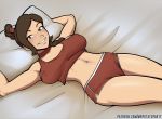  alternate_version_available avatar:_the_last_airbender big_breasts breasts looking_at_viewer mrpotatoparty on_back on_bed pillow shorts tank_top ty_lee 