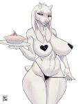 1girl 2020 5_fingers anthro big_breasts boss_monster bovid breasts caprine clothed clothing fingers food fur furry goat heart heart_pasties horn mammal mature_female pasties pie red_eyes reptilian_orbit simple_background skimpy standing toriel undertale video_games white_background white_body white_fur wide_hips