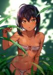  1girl :o ahoge bandeau bare_arms bare_shoulders black_hair blurry breasts brown_eyes clavicle cowboy_shot dark_skin depth_of_field hair_between_eyes hair_ornament hand_up high_resolution konbu_wakame leaf looking_at_viewer nature navel original outside parted_lips pelvic_curtain plant short_hair signature small_breasts standing stomach strapless x_hair_ornament 