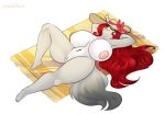  1girl 1girl anthro big_breasts breasts canid canine canis furry genitals hair high_res leila_maddox mammal mature_female nipples pussy red_hair relaxing smile sun_hat thick_thighs tragicfame wolf 