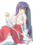  1girl akabane_kureha areola areolae big_breasts blush breast_squeeze breasts cleavage hair huge_breasts japanese_clothes jon_shicchiou jyon_shicchiou kureha_akabane large_breasts long_hair miko mouth_hold night_wizard purple_eyes purple_hair sarashi smile solo 