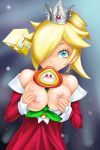  1girl blonde blonde_hair blue_eyes breasts breasts_out_of_clothes dress earrings exposed_breasts female female_human hair_over_one_eye hands_on_breasts hands_on_own_breasts human looking_at_viewer mostly_clothed no_bra princess_rosalina super_mario_bros. 