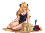  1girl black_swimsuit blonde_hair cleavage cynthia cynthia_(pokemon) female female_human female_only hair_over_one_eye long_hair mostly_nude one-piece_swimsuit pokemon shirona_(pokemon) sitting solo swimsuit transparent_background 