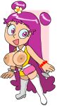 1girl 1girl ami_onuki belt big_breasts big_breasts boots breasts breasts_out clothing dream-cassette dress female_only hi_hi_puffy_amiyumi hoshime huge_breasts human looking_at_viewer nipples open_mouth pale_skin pink_hair smile white_background wristwear