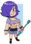 1girl 1girl 1girl big_breasts blue_hair breasts breasts_out casual dream-cassette electric_guitar female_only footwear guitar hair_over_one_eye hi_hi_puffy_amiyumi hoshime huge_breasts human instrument looking_at_viewer musical_instrument nipples pale_skin punk shirt_up smile spiked_bracelet spiked_collar white_background wristwear yumi_yoshimura