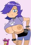 1girl 2_girls alternate_breast_size ami_onuki bent_over big_breasts big_breasts big_breasts blue_hair breast_jiggle breasts breasts_out casual clothing dream-cassette female_only hair_over_one_eye hand_on_ass hi_hi_puffy_amiyumi hoshime huge_breasts human leaning_forward long_hair looking_at_another looking_at_viewer motion_lines neckwear nipples no_bra pale_skin pink_hair punk shirt shirt_up short_hair spiked_bracelet spiked_collar top_heavy turning_around wristwear yumi_yoshimura