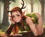 ai_generated blush blush bottomless clothed_female doggy_position doggy_position doggy_position elf elf_ears elf_female forest forest_background green_eyes hand_on_head horns long_ears long_hair looking_at_viewer red_hair redhead smile stockings torn_clothes
