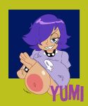  1girl 1girl big_breasts blue_eyes breasts bust_portrait casual cndhpr dream-cassette edit flashing green_background grin hair_over_one_eye hi_hi_puffy_amiyumi hoshime huge_breasts human inverted_nipples looking_at_viewer neckwear nipples one_breast_out pale_skin purple_hair spiked_bracelet spiked_collar studded_choker wristwear yumi_yoshimura 