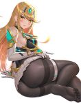  1girl 1girl 2022 alluring ass bangs big_breasts blonde_hair blush embarrassed feet feet_in_stockings female_only gold_eyes high_res hips huge_ass long_hair mythra nintendo pantyhose sideboob slim_waist sssemiii swept_bangs thick_thighs thighs tight_clothing tight_fit tights wide_hips xenoblade_(series) xenoblade_chronicles_2 